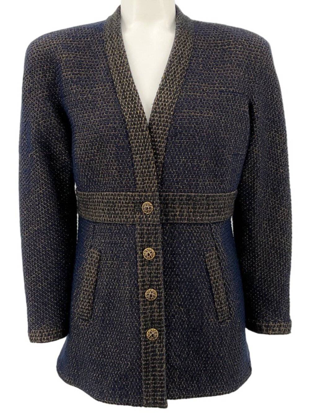 Chanel Navy Blue / Gold Wool Tweed Jacket With Gripoix Buttons